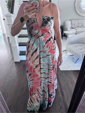 YFB Tie-Dye Cutout Maxi Dress in Coral & Aqua